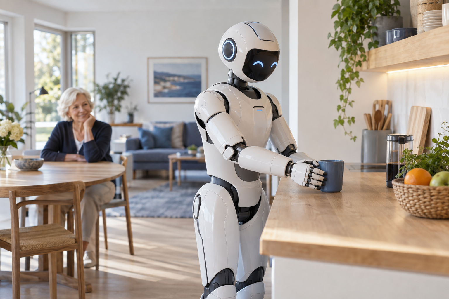 Robot humanoïde assistant une personne dans une maison
